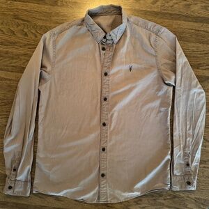 AllSaints Dress Shirt Mens Gray Green Long Sleeve Button RamSkull Logo - Medium